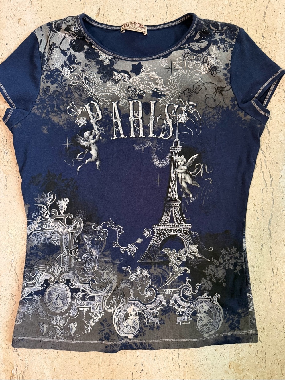 Blue Canyon Y2K Vintage Paris Eiffel Tower Cherub Graphic T-Shirt Size Medium